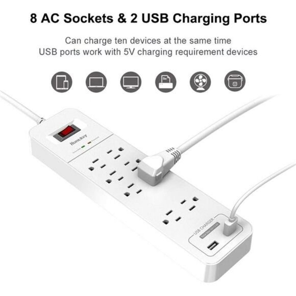 8 Outlets Power Strip Surge Protector, 2 USB Ports Powerstrip 6-Foot - Picture 4 of 7